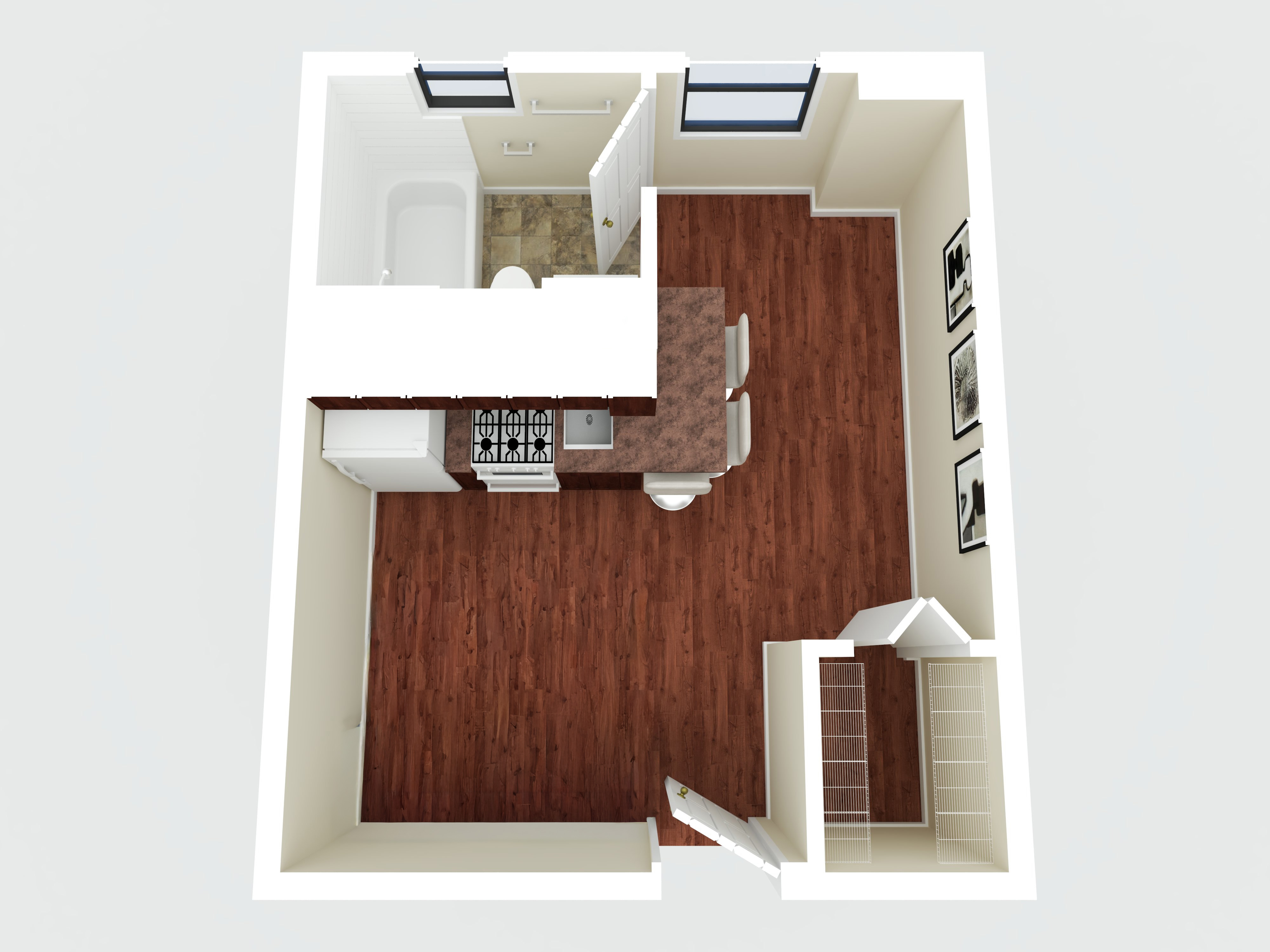 Floor plan for studio, 1 bath, 232 sqft
